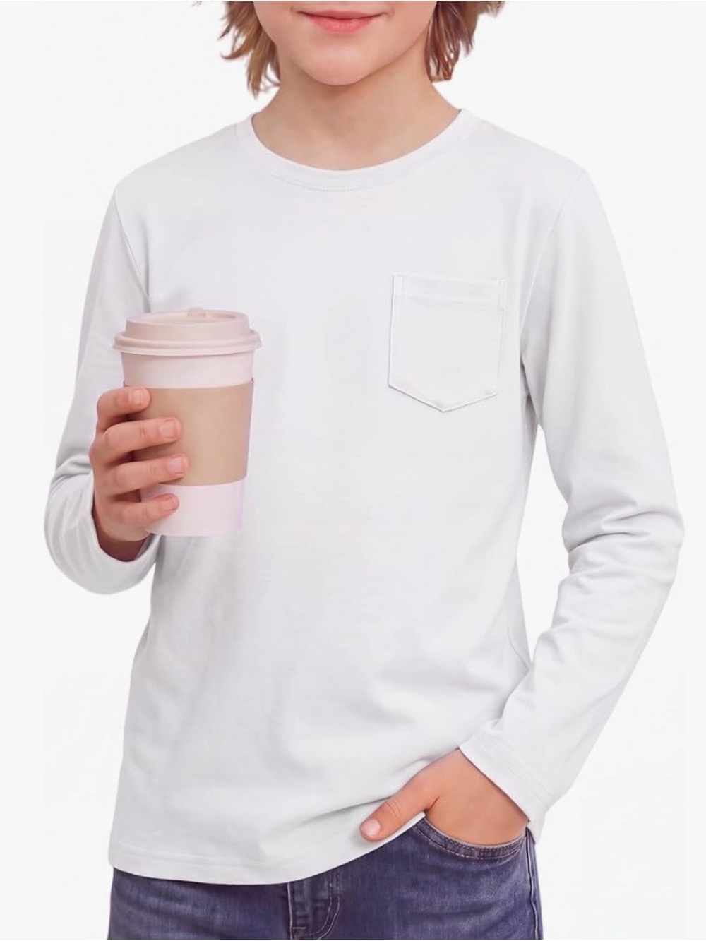 Boys White Long-Sleeve Crew Neck Pocket Tee